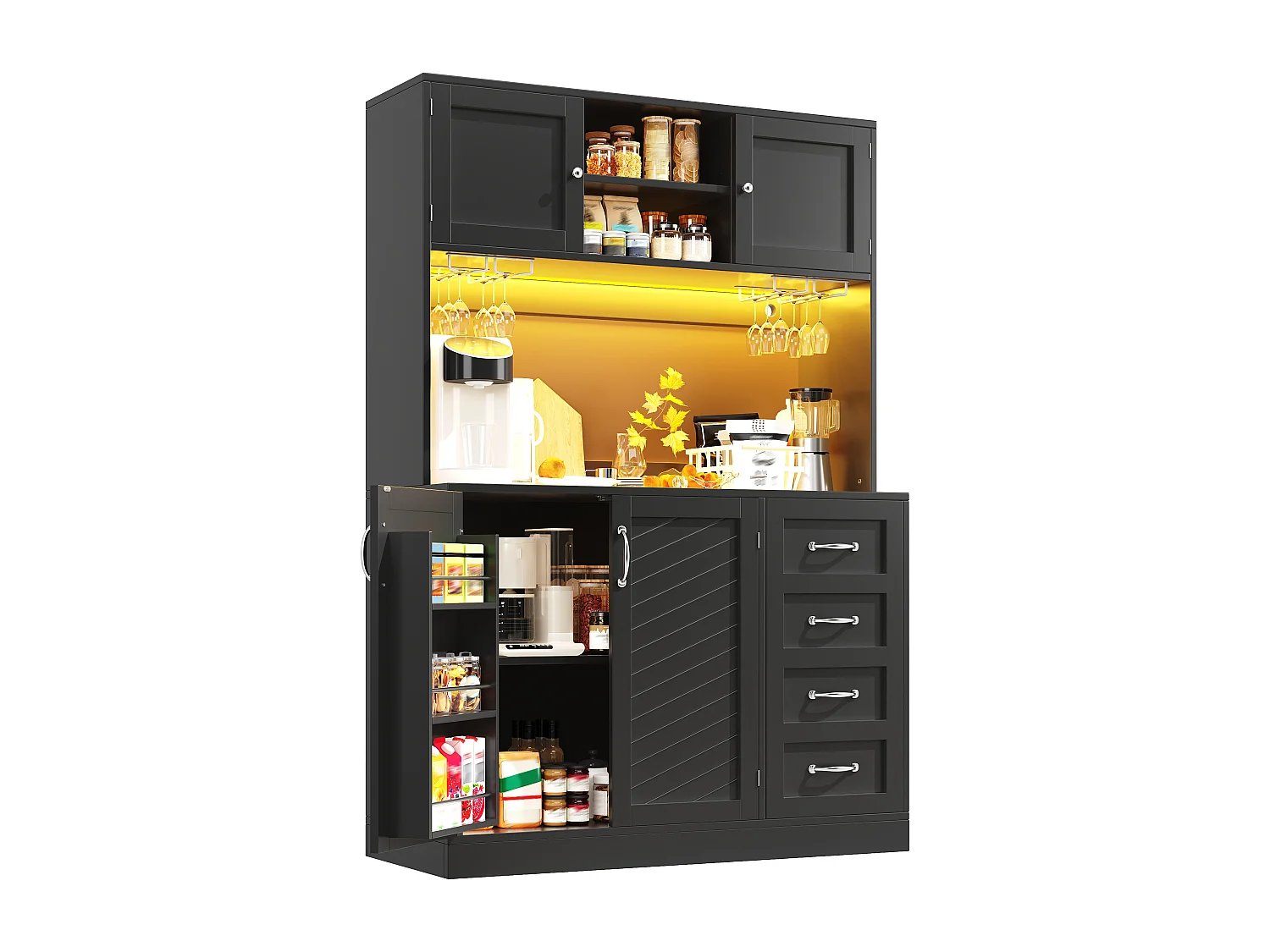 Credenza da cucina 120x188cm con LED, supporto per bevande e snack, 4 ante e 2 cassetti spaziosi - nero