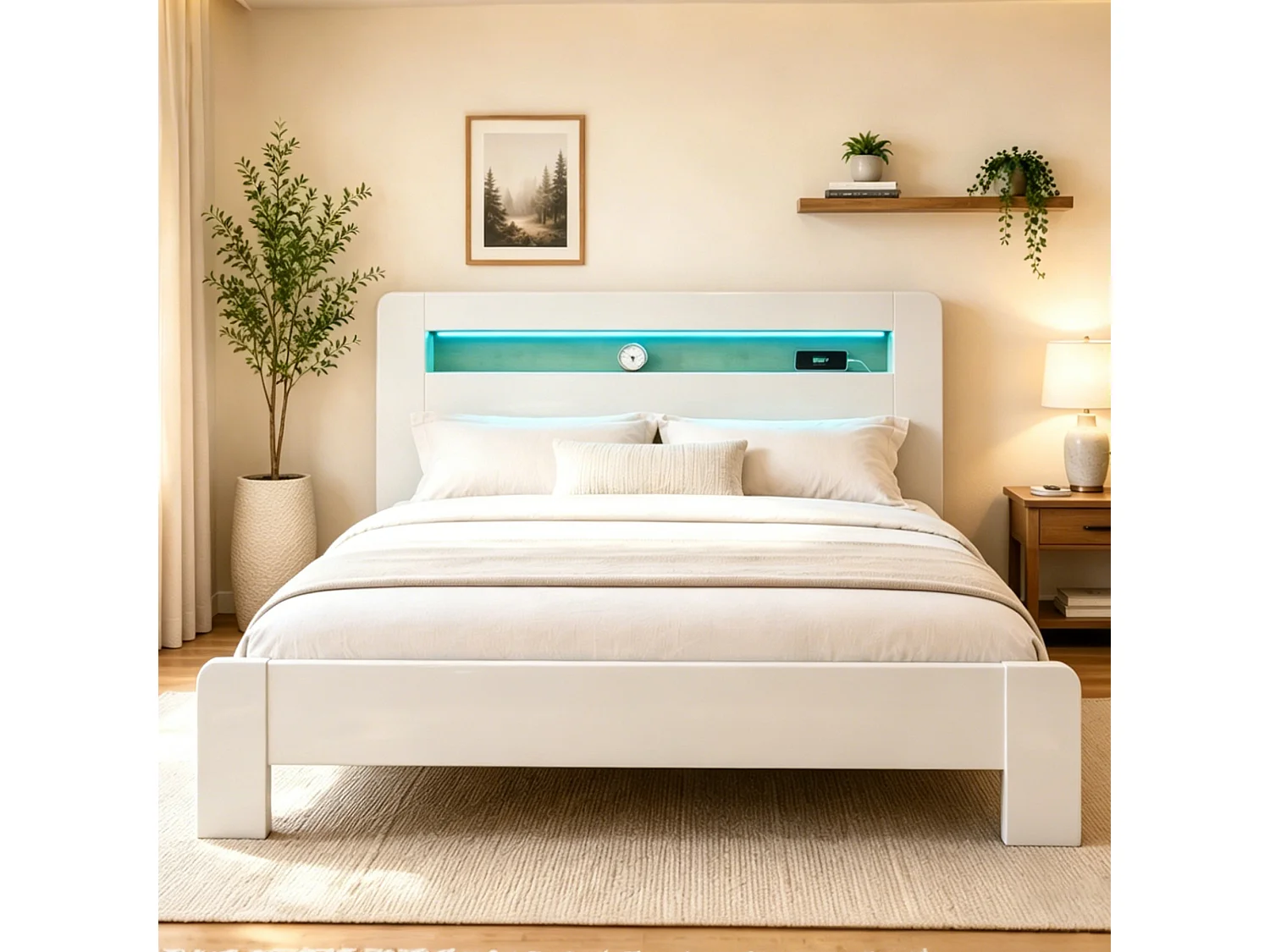 Cama de madera 180 x 200 cm - con espacio de almacenamiento - equipada con luz LED - con toma de corriente - blanco (colchón no incluido)