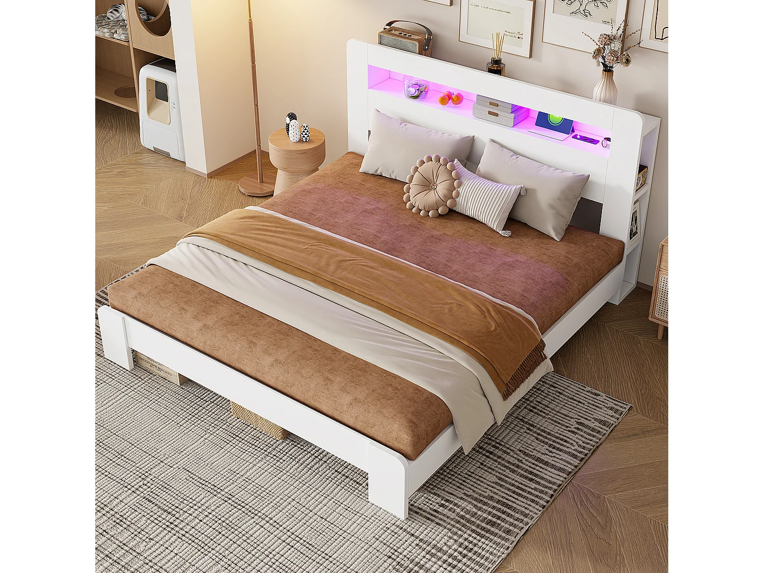 Cama de madera 180 x 200 cm - con espacio de almacenamiento - equipada con luz LED - con toma de corriente - blanco (colchón no incluido)