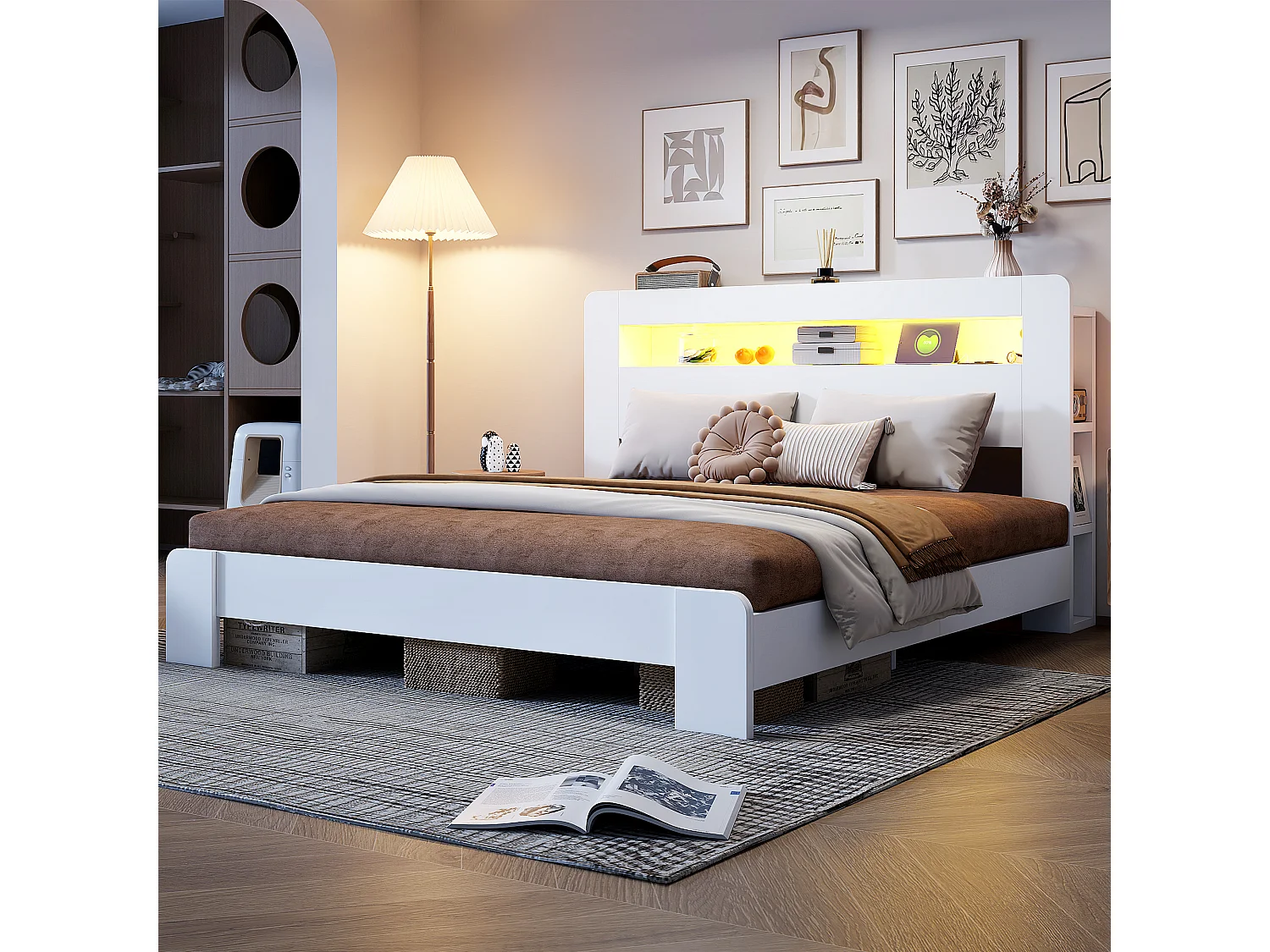 Cama de madera 180 x 200 cm - con espacio de almacenamiento - equipada con luz LED - con toma de corriente - blanco (colchón no incluido)