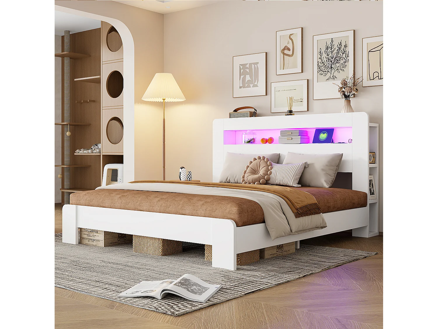 Cama de madera 180 x 200 cm - con espacio de almacenamiento - equipada con luz LED - con toma de corriente - blanco (colchón no incluido)