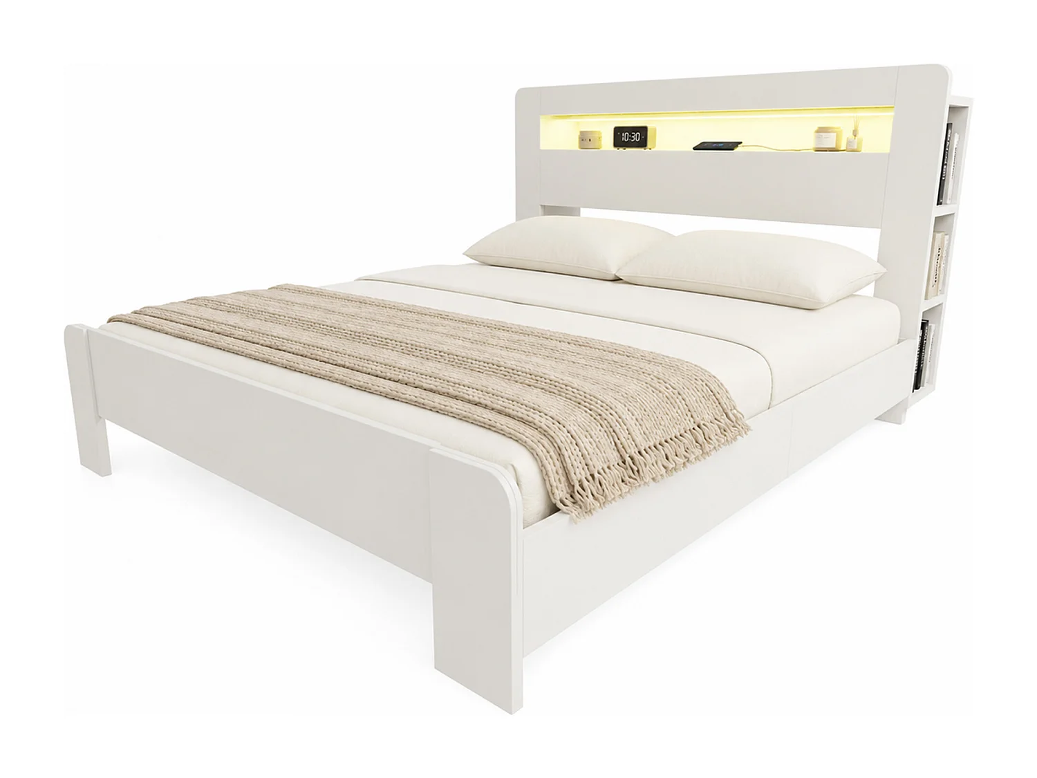Cama de madera 180 x 200 cm - con espacio de almacenamiento - equipada con luz LED - con toma de corriente - blanco (colchón no incluido)