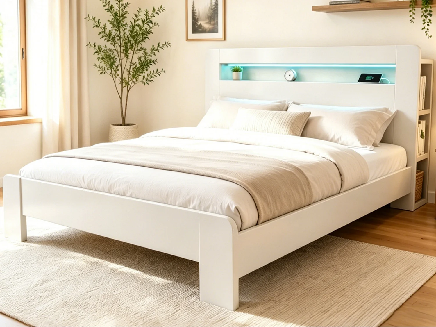 Cama de madera 180 x 200 cm - con espacio de almacenamiento - equipada con luz LED - con toma de corriente - blanco (colchón no incluido)