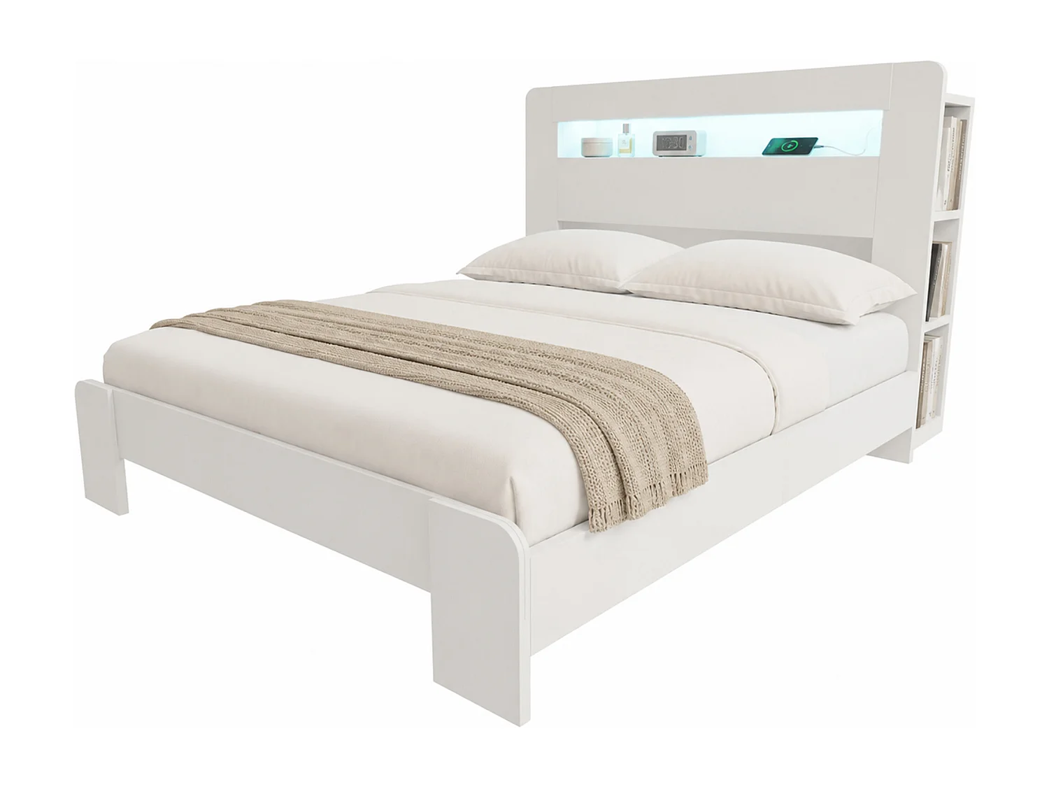 Cama de madera 140 x 200 cm - con espacio de almacenamiento - equipada con luz LED - con toma de corriente - blanco (colchón no incluido)
