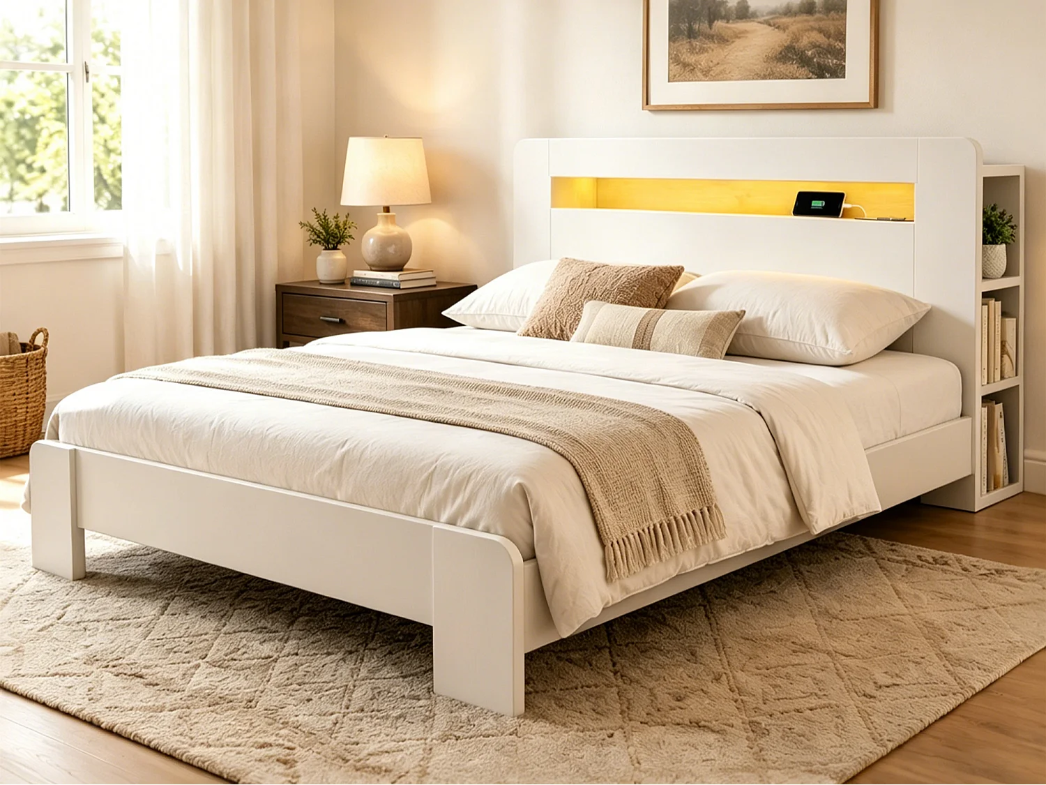 Cama de madera 140 x 200 cm - con espacio de almacenamiento - equipada con luz LED - con toma de corriente - blanco (colchón no incluido)