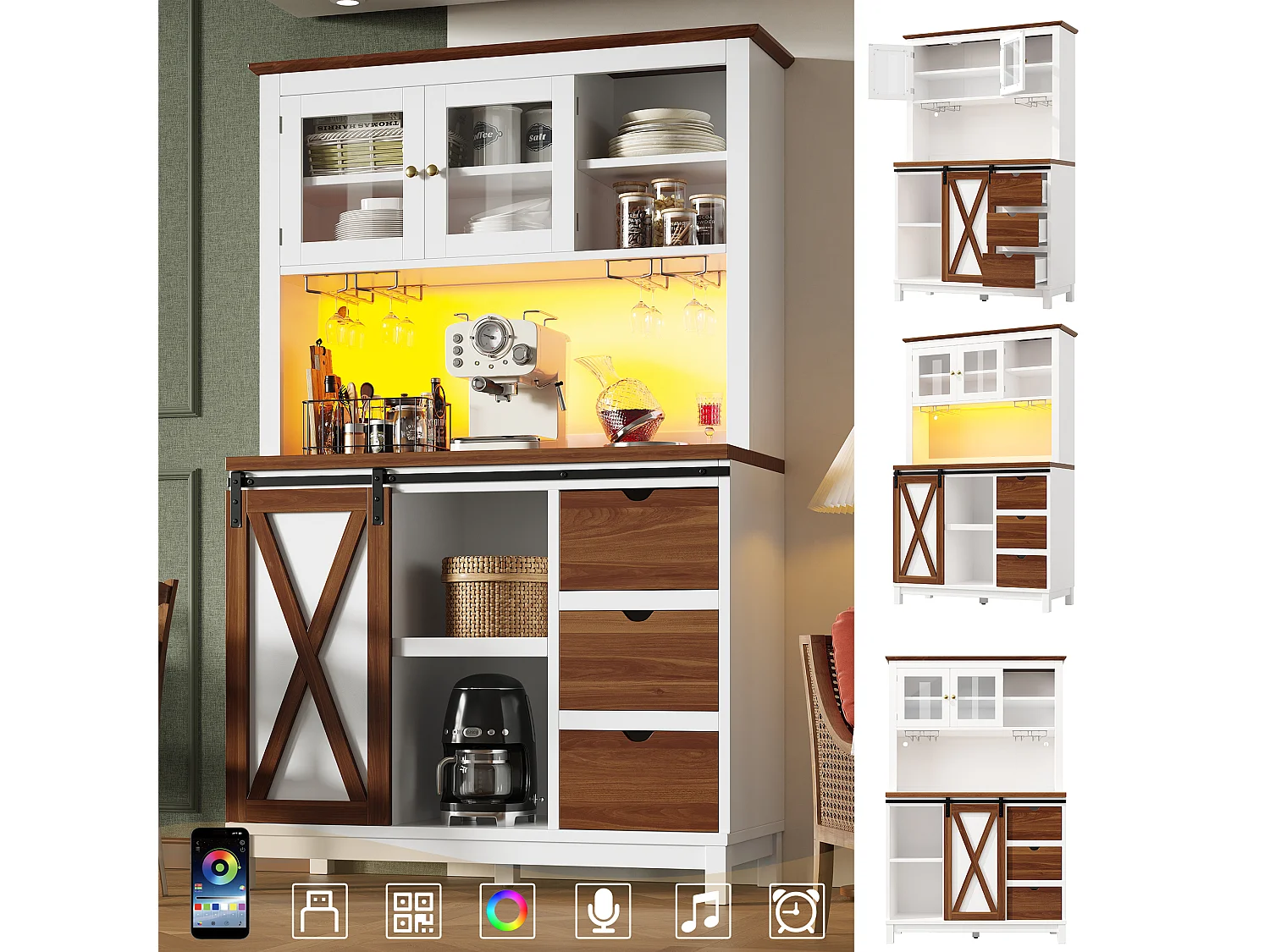 Credenza da cucina intelligente 104x180cm con LED - armadio alto con porta scorrevole in stile fienile, 3 cassetti - bianco
