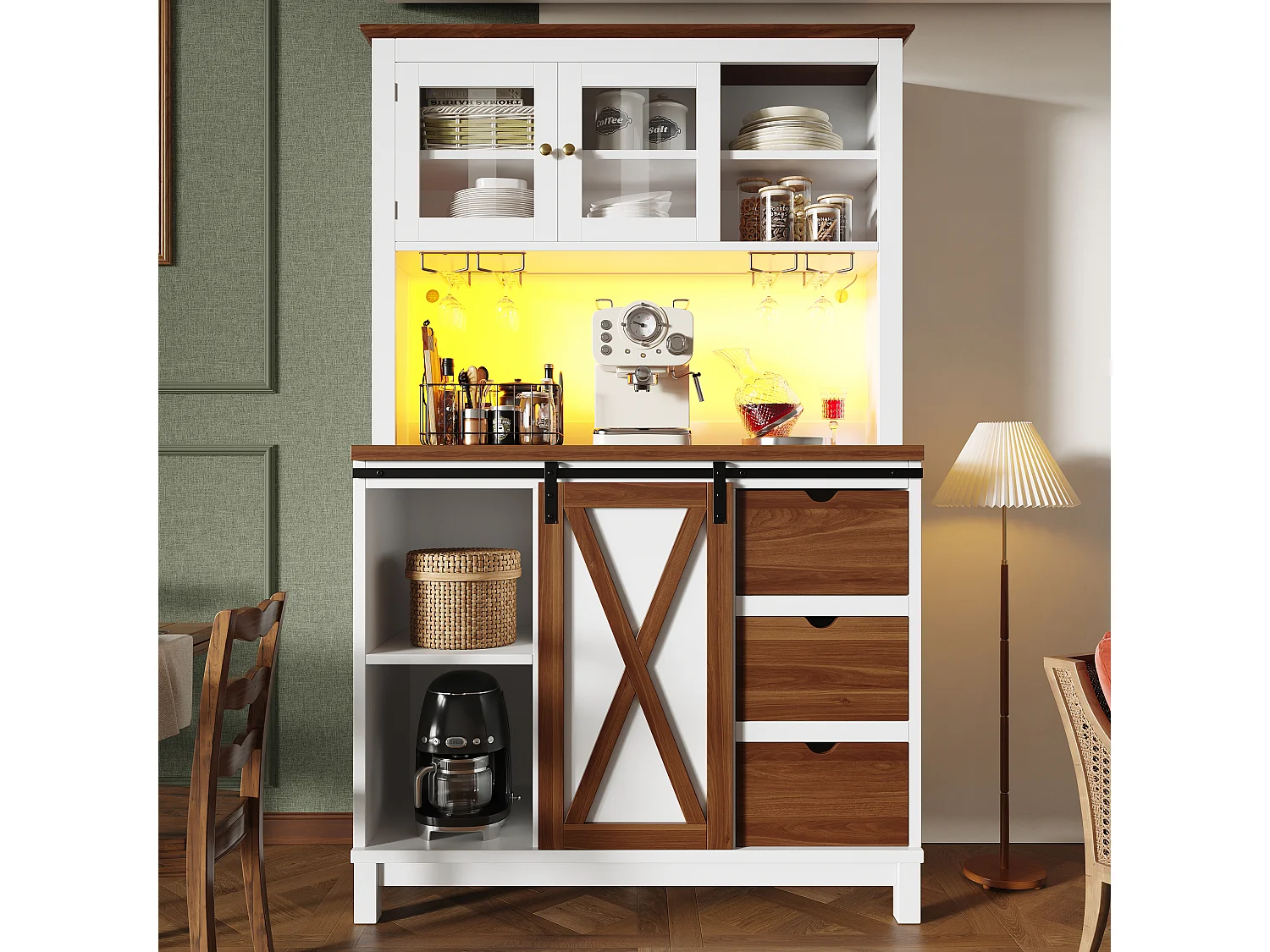 Credenza da cucina intelligente 104x180cm con LED - armadio alto con porta scorrevole in stile fienile, 3 cassetti - bianco