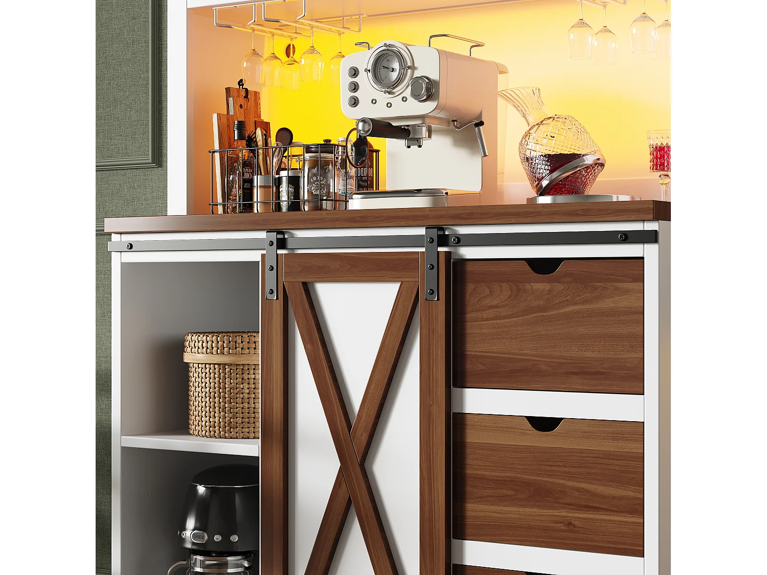 Credenza da cucina intelligente 104x180cm con LED - armadio alto con porta scorrevole in stile fienile, 3 cassetti - bianco