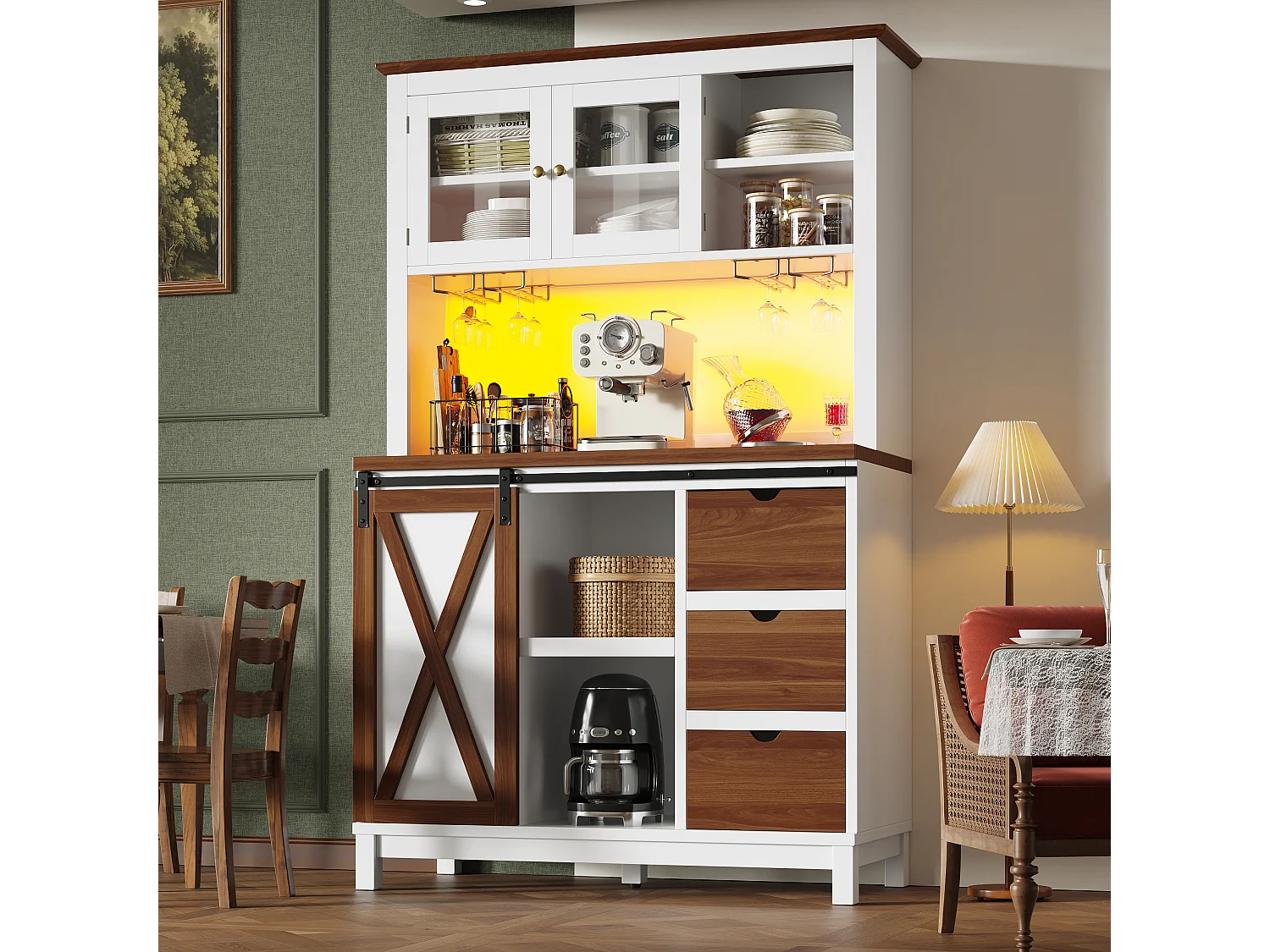 Credenza da cucina intelligente 104x180cm con LED - armadio alto con porta scorrevole in stile fienile, 3 cassetti - bianco