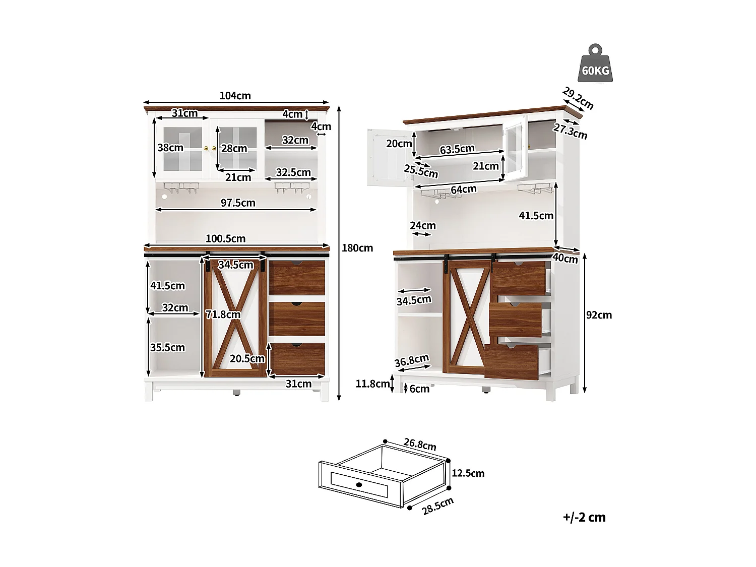 Credenza da cucina intelligente 104x180cm con LED - armadio alto con porta scorrevole in stile fienile, 3 cassetti - bianco