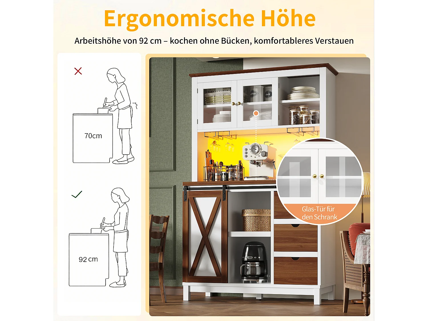 Credenza da cucina intelligente 104x180cm con LED - armadio alto con porta scorrevole in stile fienile, 3 cassetti - bianco