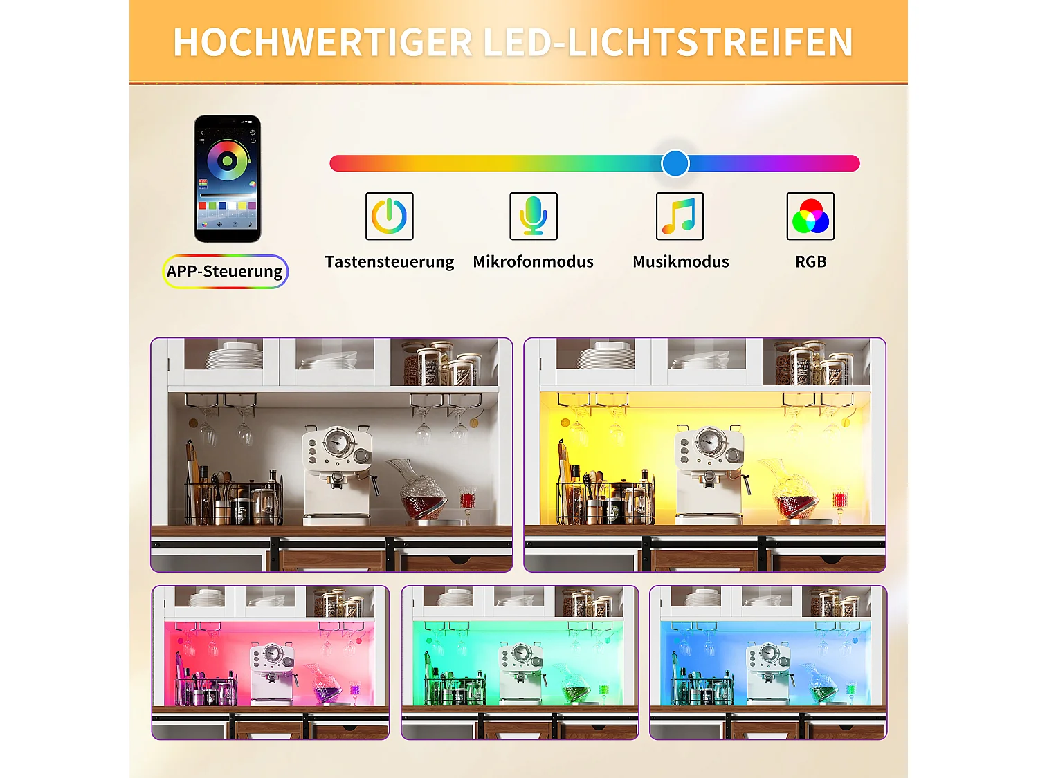 Credenza da cucina intelligente 104x180cm con LED - armadio alto con porta scorrevole in stile fienile, 3 cassetti - bianco