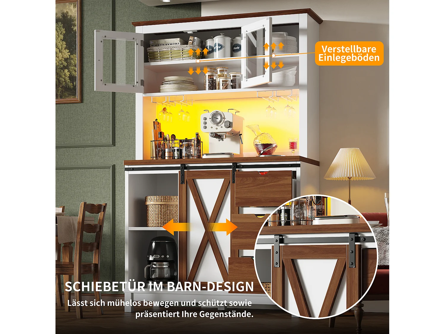 Credenza da cucina intelligente 104x180cm con LED - armadio alto con porta scorrevole in stile fienile, 3 cassetti - bianco