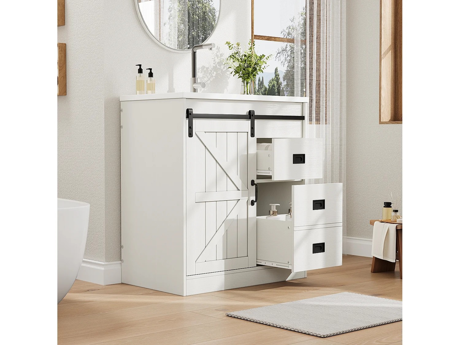 Meuble de Salle de Bain 76cm avec Vasque en Céramique, conception de porte de grange, avec Tiroirs - Blanc