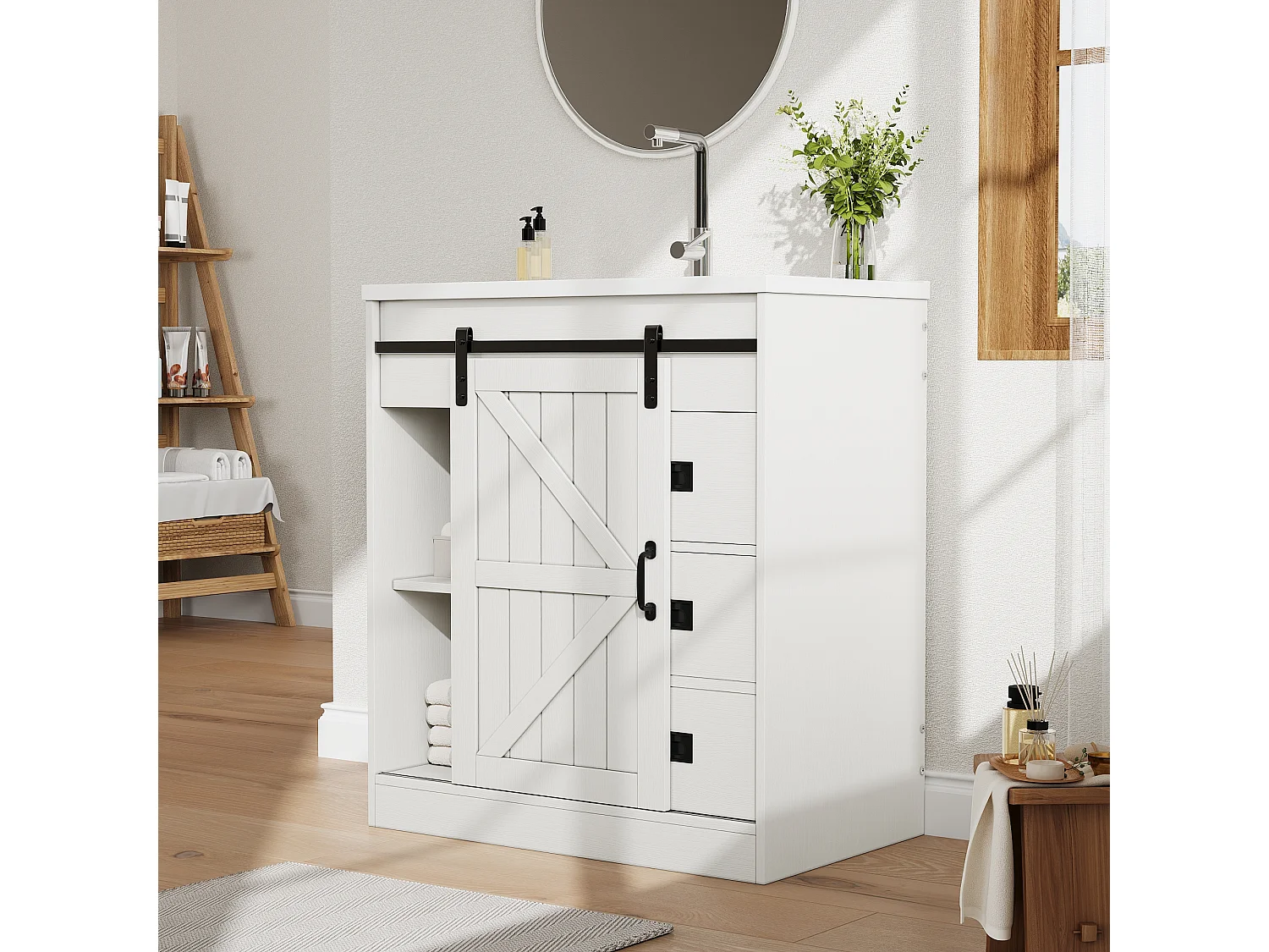 Meuble de Salle de Bain 76cm avec Vasque en Céramique, conception de porte de grange, avec Tiroirs - Blanc