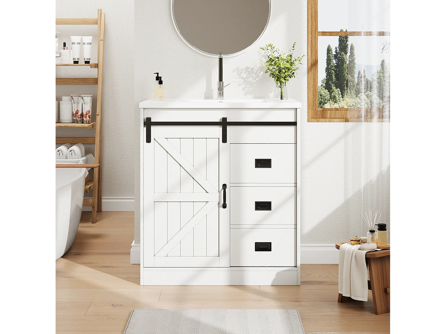 Meuble de Salle de Bain 76cm avec Vasque en Céramique, conception de porte de grange, avec Tiroirs - Blanc
