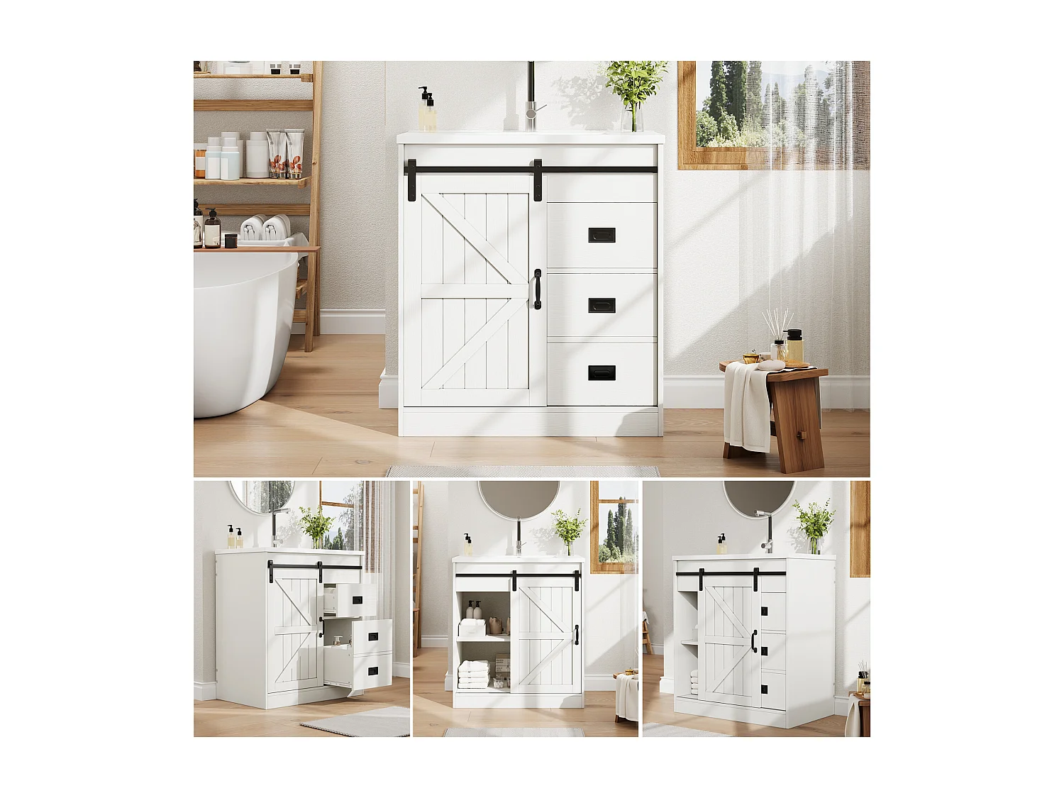 Meuble de Salle de Bain 76cm avec Vasque en Céramique, conception de porte de grange, avec Tiroirs - Blanc