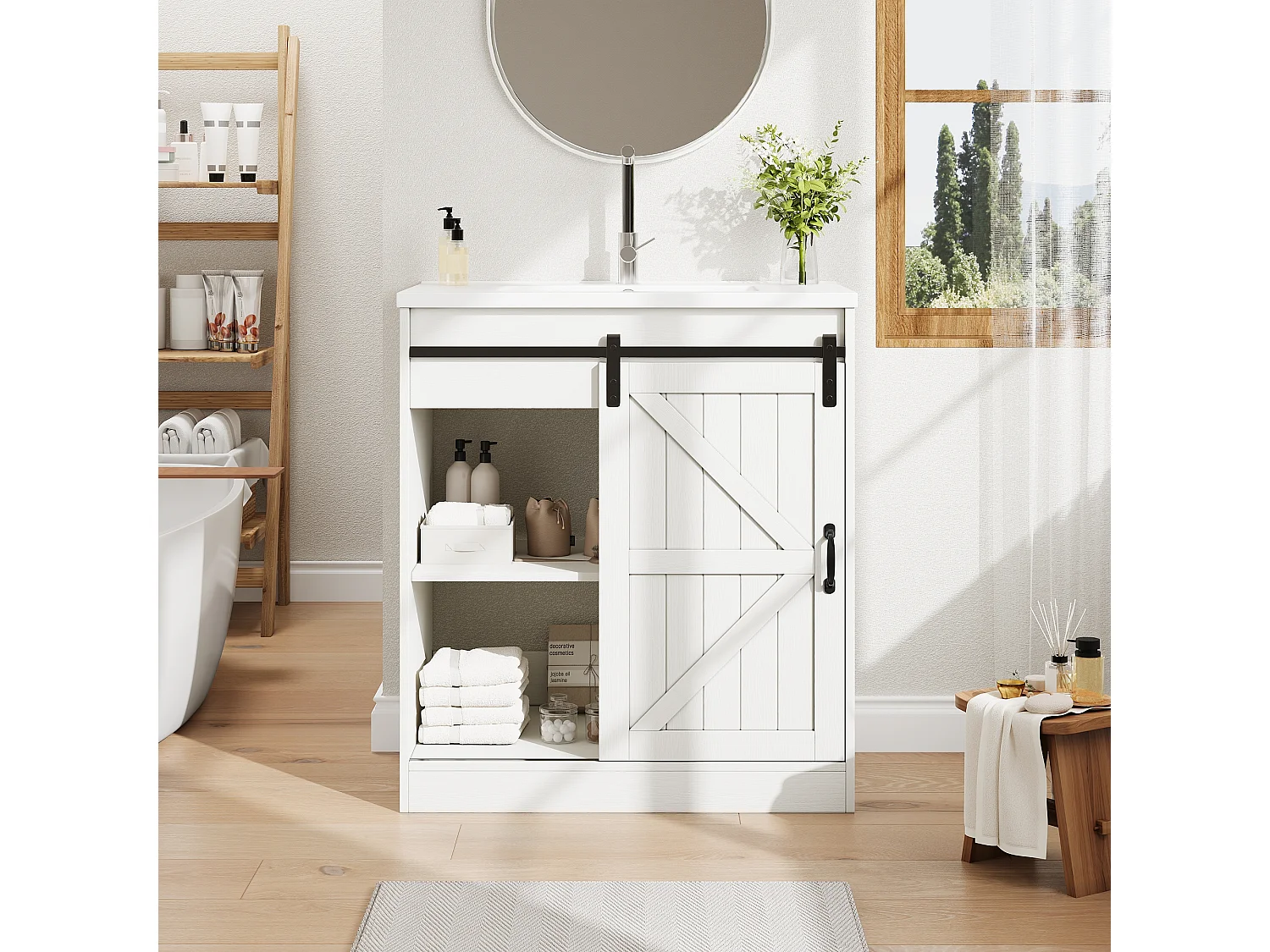 Meuble de Salle de Bain 76cm avec Vasque en Céramique, conception de porte de grange, avec Tiroirs - Blanc