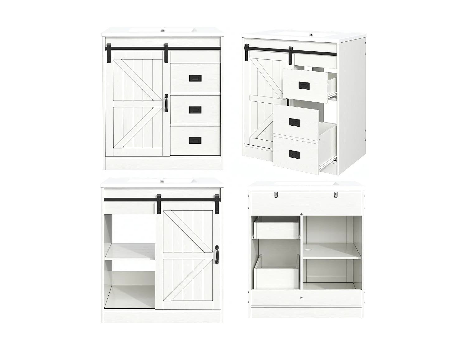Meuble de Salle de Bain 76cm avec Vasque en Céramique, conception de porte de grange, avec Tiroirs - Blanc