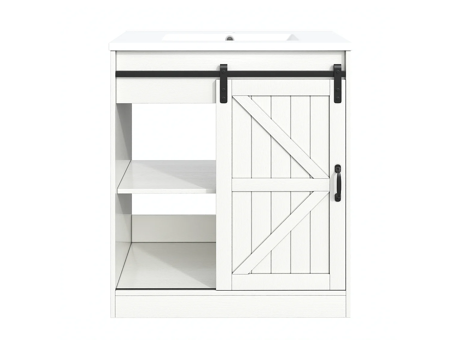 Meuble de Salle de Bain 76cm avec Vasque en Céramique, conception de porte de grange, avec Tiroirs - Blanc