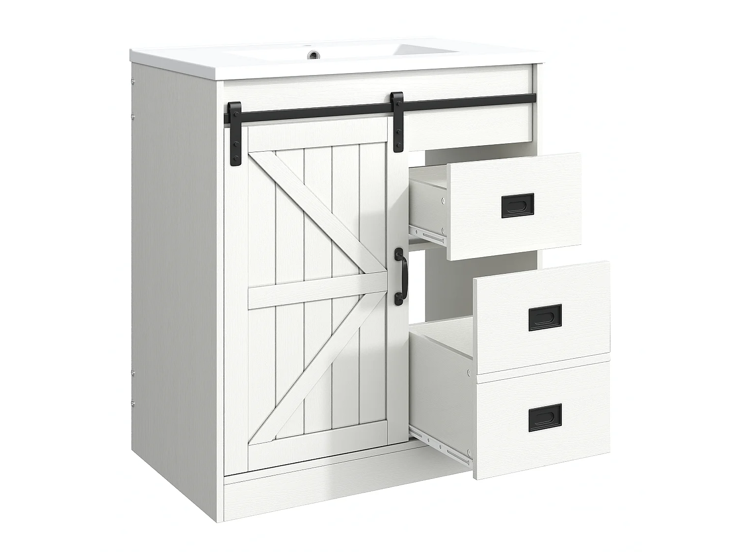 Meuble de Salle de Bain 76cm avec Vasque en Céramique, conception de porte de grange, avec Tiroirs - Blanc