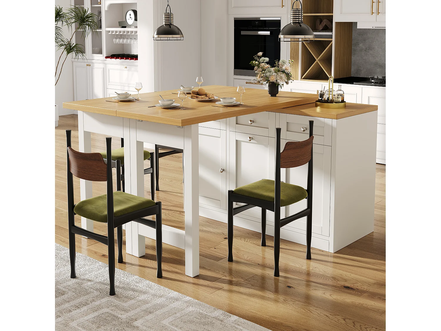 Ausziehbarer Bartisch 120-200 cm, modularer Esstisch mit Schublade und Türfach für Snacks - weiß