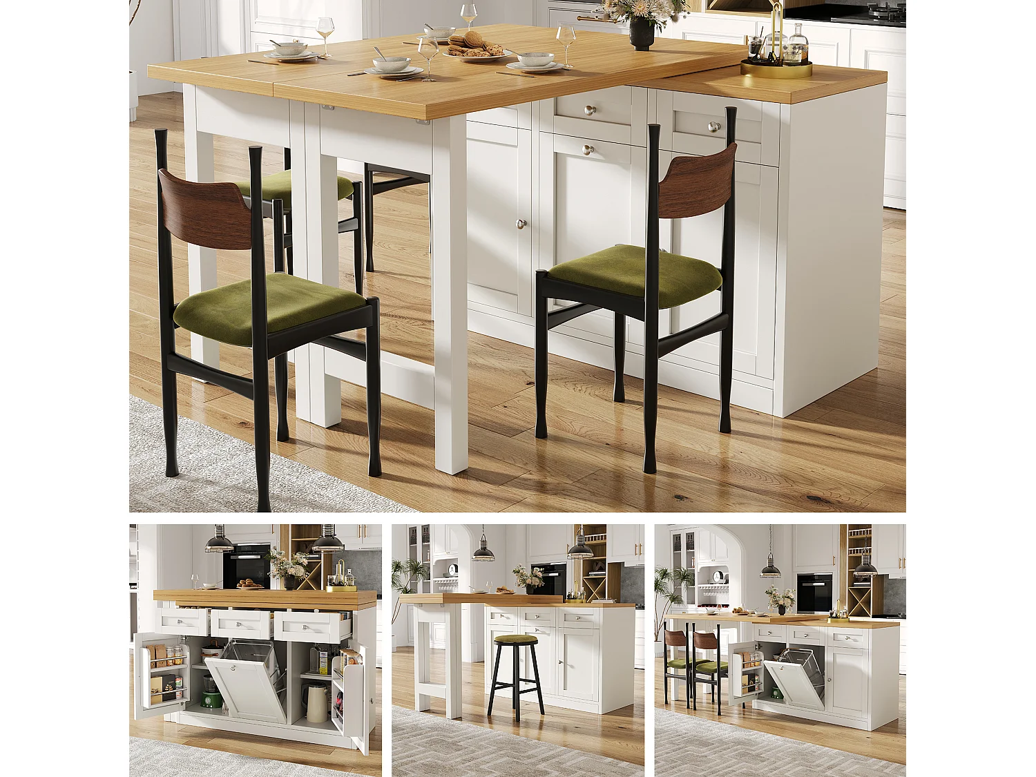 Ausziehbarer Bartisch 120-200 cm, modularer Esstisch mit Schublade und Türfach für Snacks - weiß