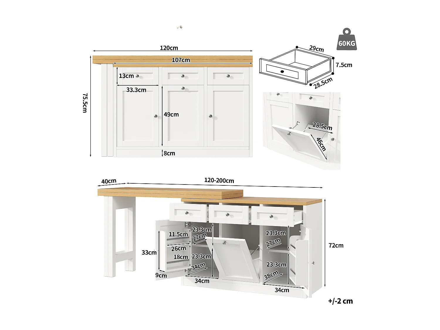 Ausziehbarer Bartisch 120-200 cm, modularer Esstisch mit Schublade und Türfach für Snacks - weiß