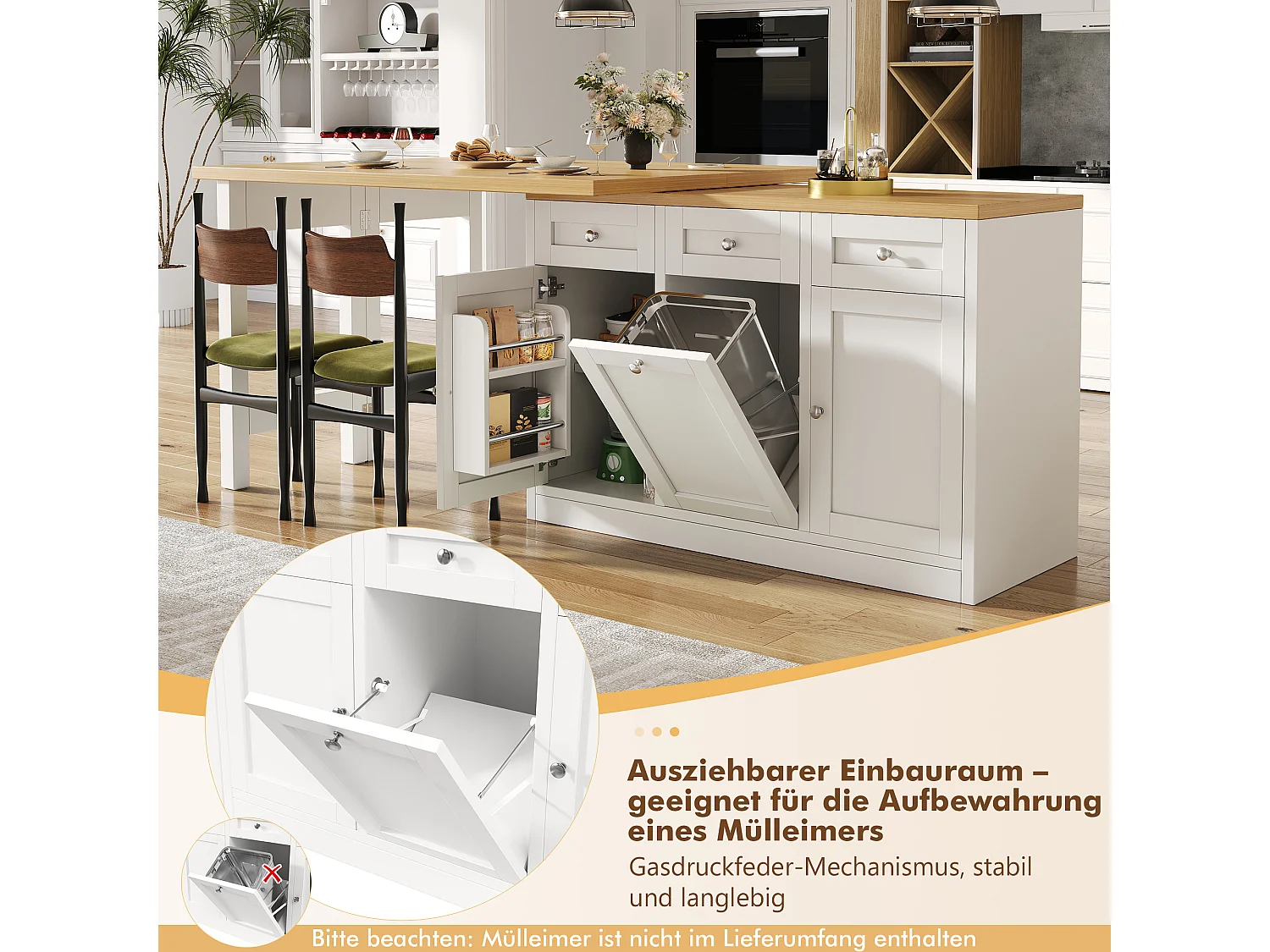 Ausziehbarer Bartisch 120-200 cm, modularer Esstisch mit Schublade und Türfach für Snacks - weiß