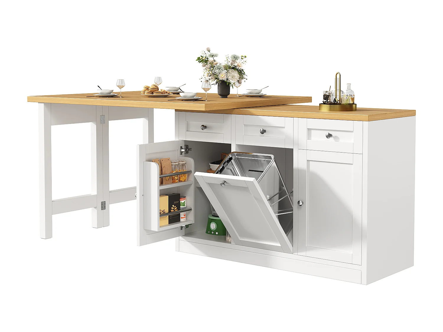 Ausziehbarer Bartisch 120-200 cm, modularer Esstisch mit Schublade und Türfach für Snacks - weiß