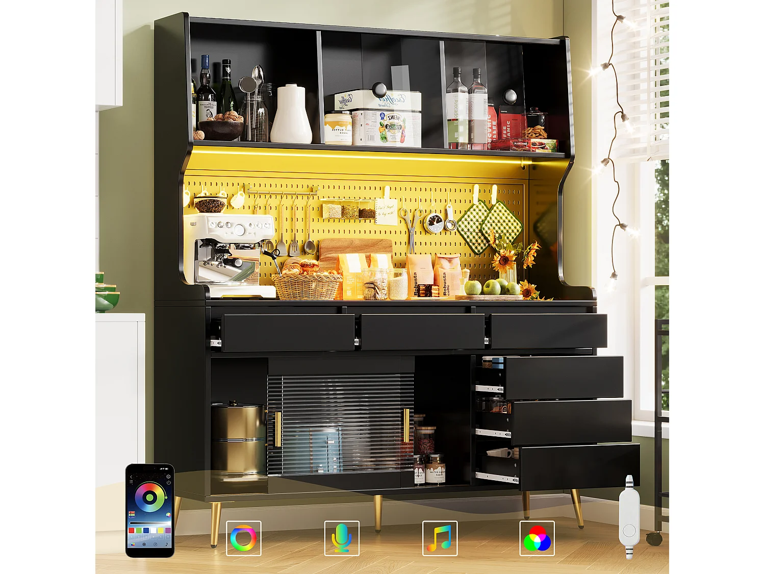 Credenza da cucina moderna con illuminazione LED - armadio alto con pannello traforato e ante scorrevoli in vetro - nero