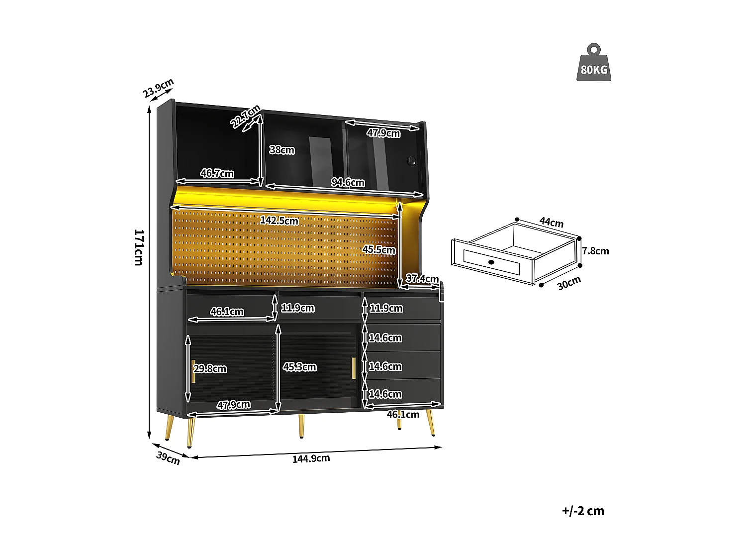 Credenza da cucina moderna con illuminazione LED - armadio alto con pannello traforato e ante scorrevoli in vetro - nero
