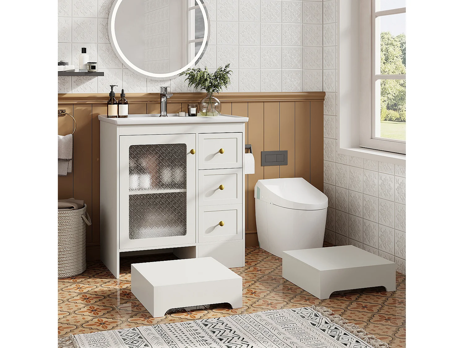 Meuble de Salle de Bain 80cm avec Marchepied 2-en-1, Vasque en Céramique, LED et Tiroirs Soft-Close - Blanc