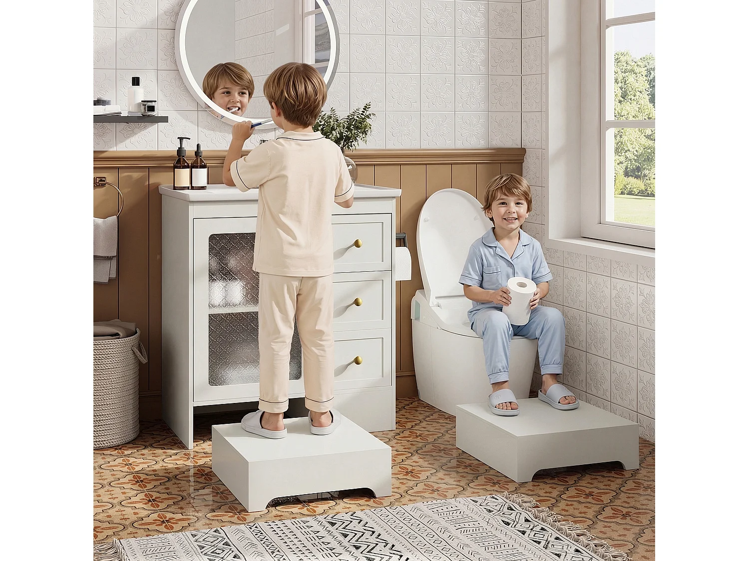 Meuble de Salle de Bain 80cm avec Marchepied 2-en-1, Vasque en Céramique, LED et Tiroirs Soft-Close - Blanc