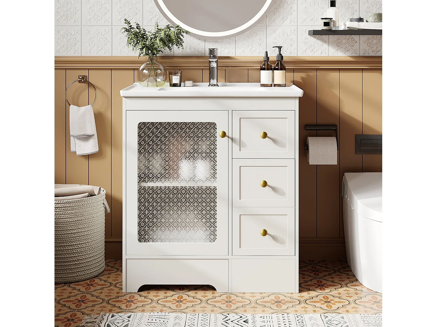 Meuble de Salle de Bain 80cm avec Marchepied 2-en-1, Vasque en Céramique, LED et Tiroirs Soft-Close - Blanc
