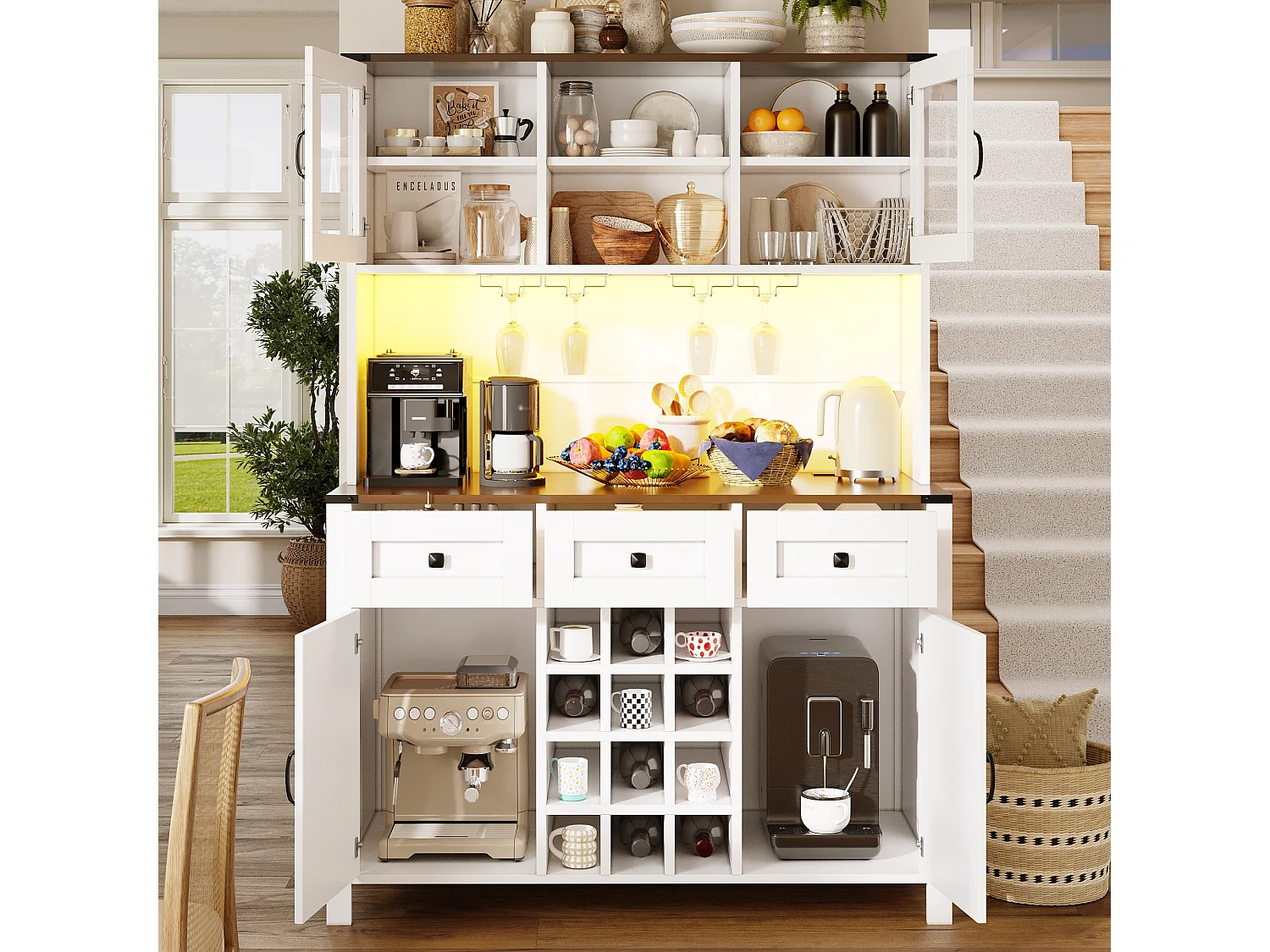 Mobile da cucina in stile buffet con porte USB - Mobile alto con illuminazione a LED, portabicchiere, 4 ante e 3 cassetti - bianco