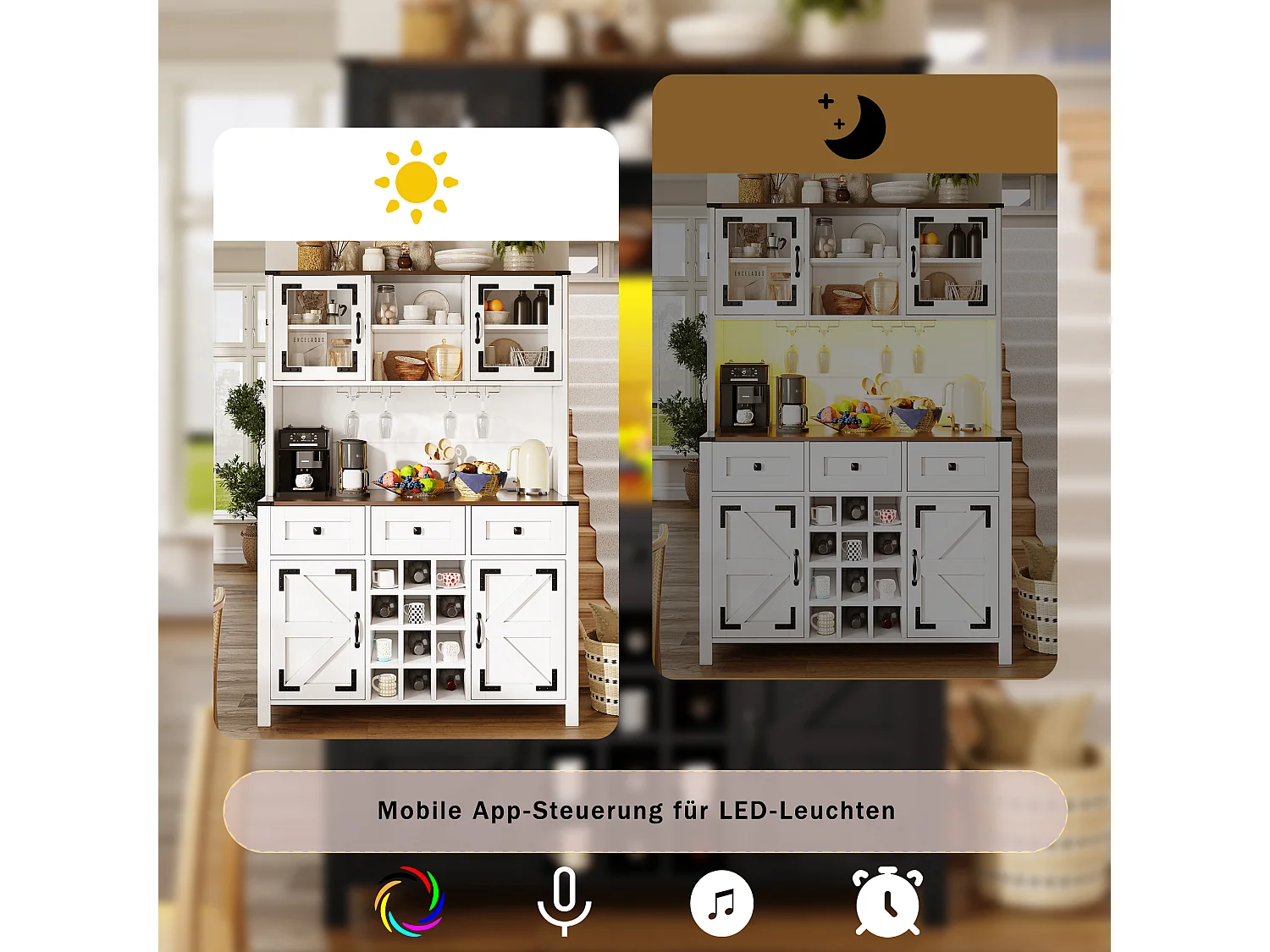 Mobile da cucina in stile buffet con porte USB - Mobile alto con illuminazione a LED, portabicchiere, 4 ante e 3 cassetti - bianco