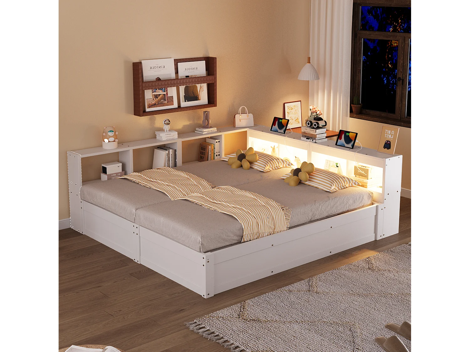 Sofa bed with storage 90x200 or 180x200 cm - with power outlet - storage compartments - with LED lighting - white