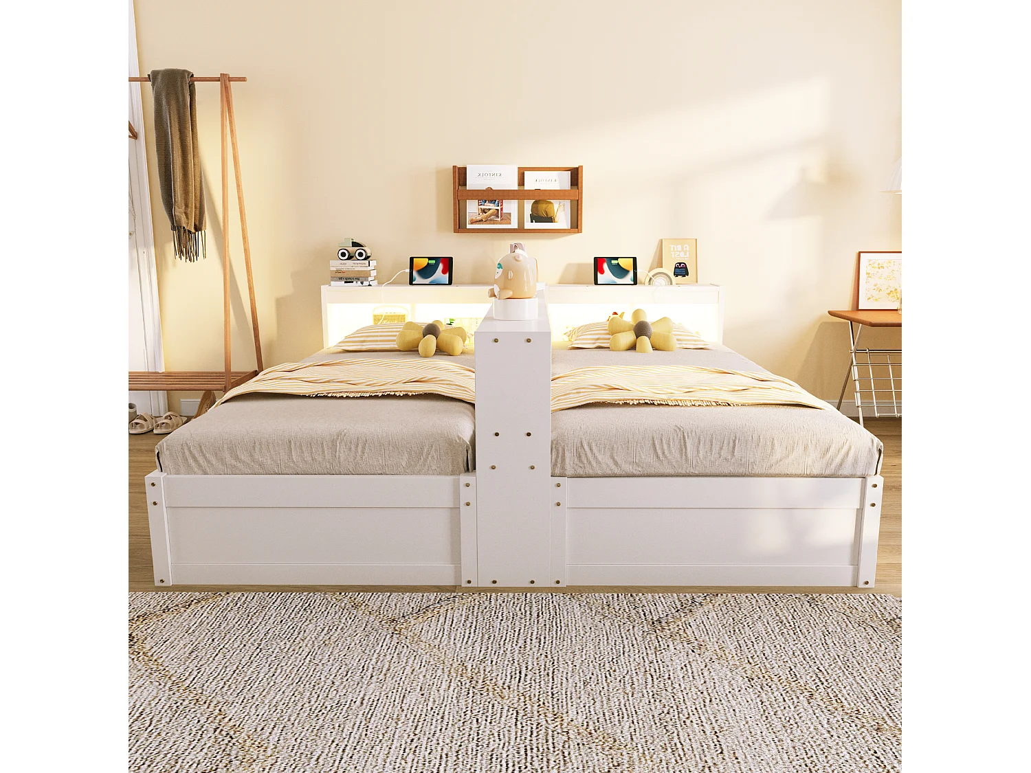 Sofa bed with storage 90x200 or 180x200 cm - with power outlet - storage compartments - with LED lighting - white