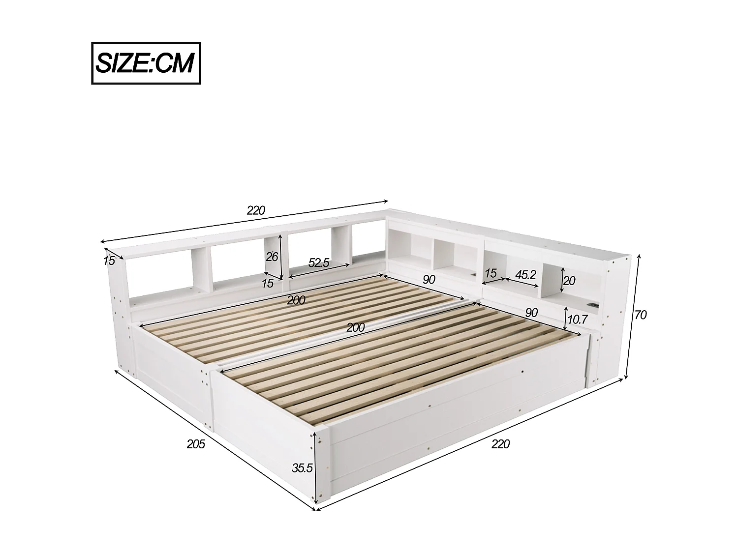 Sofa bed with storage 90x200 or 180x200 cm - with power outlet - storage compartments - with LED lighting - white