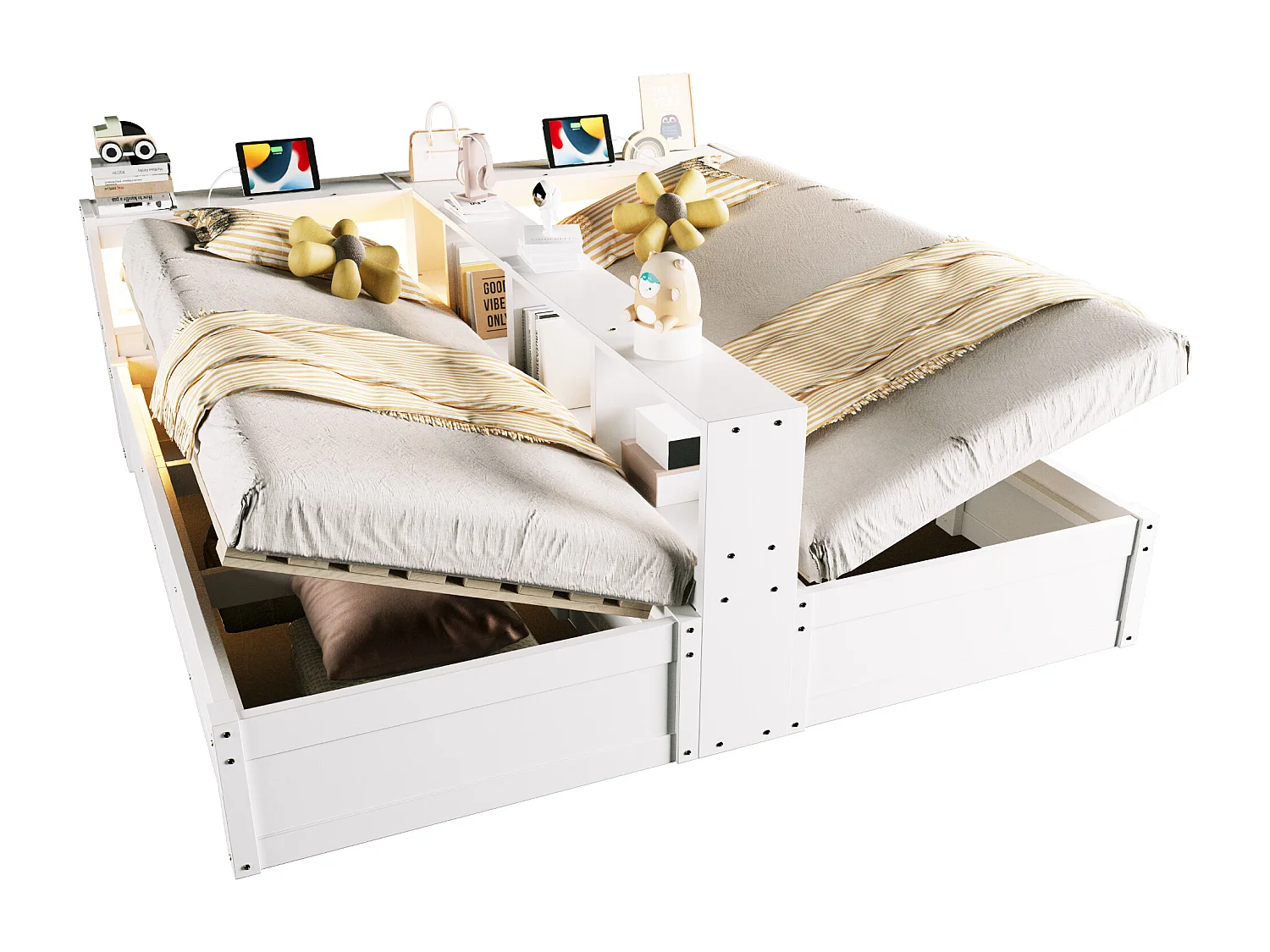 Sofa bed with storage 90x200 or 180x200 cm - with power outlet - storage compartments - with LED lighting - white