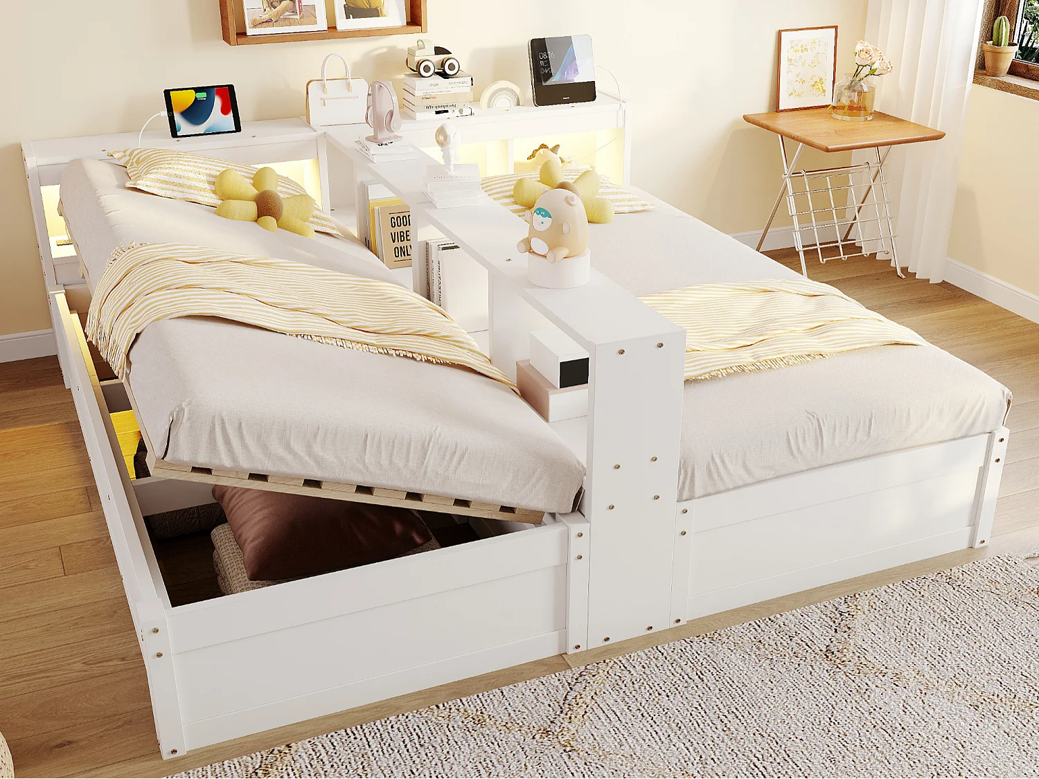 Sofa bed with storage 90x200 or 180x200 cm - with power outlet - storage compartments - with LED lighting - white