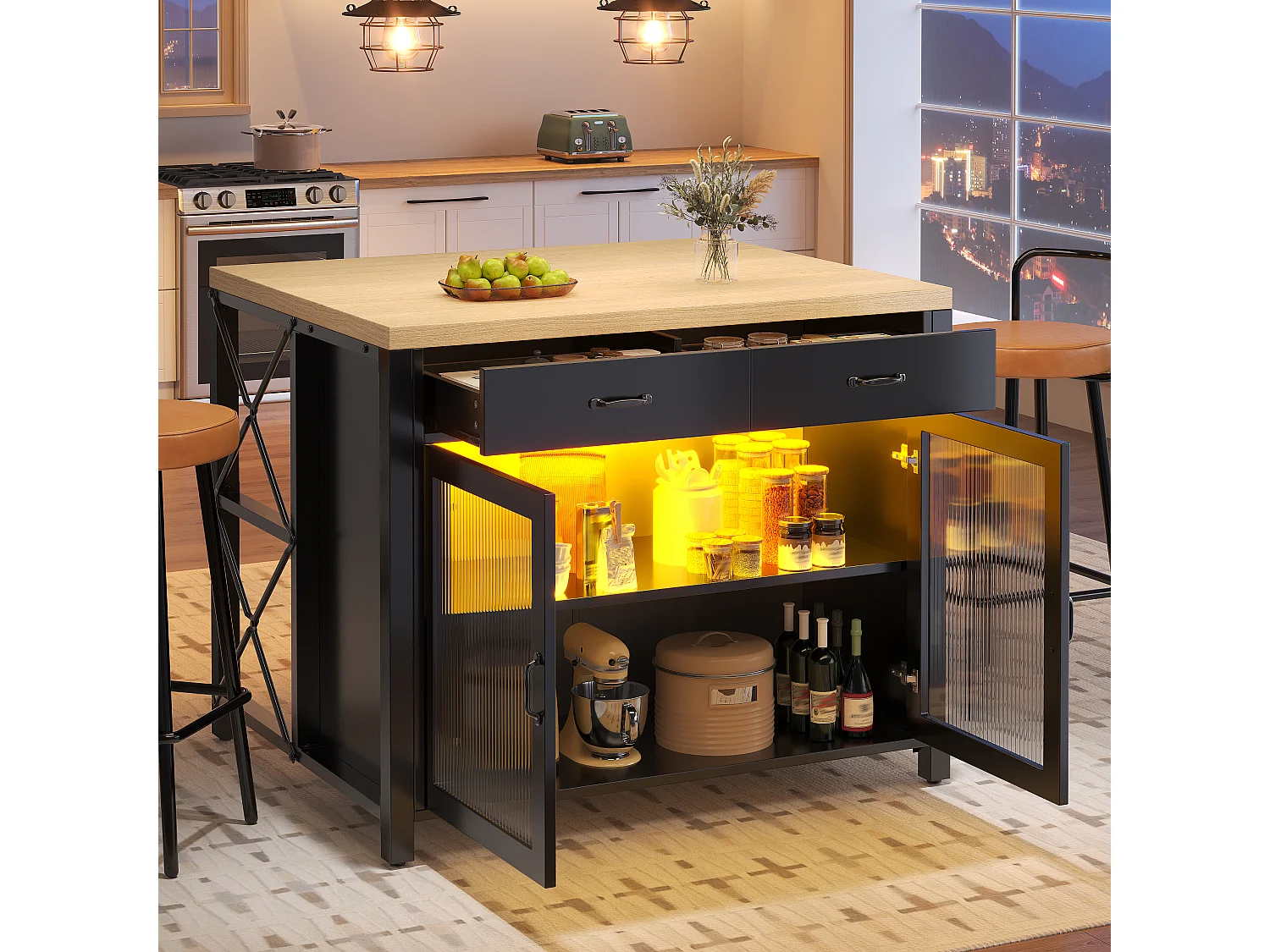 Îlot de Cuisine avec LED, Table de Bar Noire avec Plateau Effet Bois,avec Porte en Verre, 2 Tiroirs - Noir
