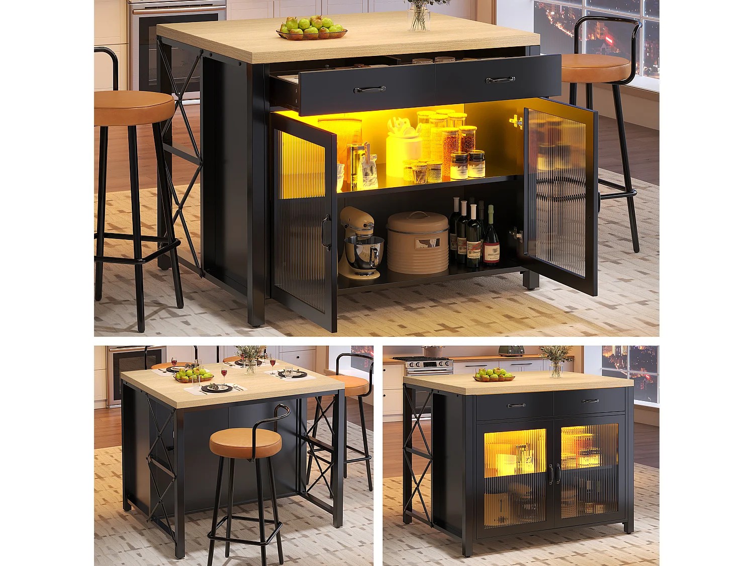 Îlot de Cuisine avec LED, Table de Bar Noire avec Plateau Effet Bois,avec Porte en Verre, 2 Tiroirs - Noir