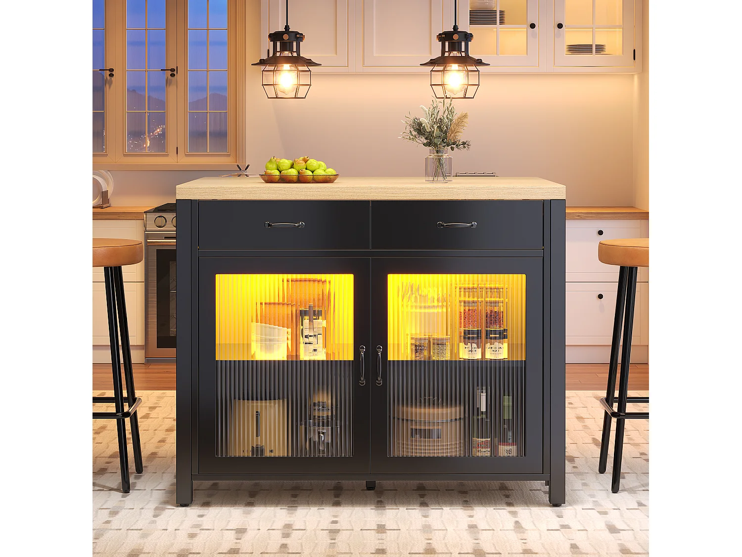 Îlot de Cuisine avec LED, Table de Bar Noire avec Plateau Effet Bois,avec Porte en Verre, 2 Tiroirs - Noir