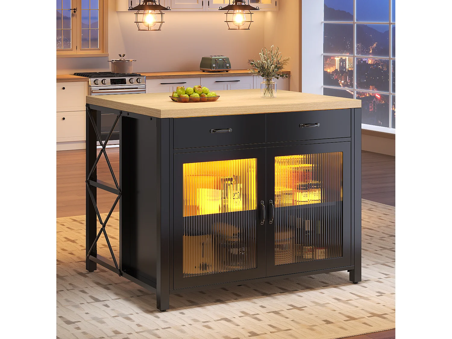 Îlot de Cuisine avec LED, Table de Bar Noire avec Plateau Effet Bois,avec Porte en Verre, 2 Tiroirs - Noir