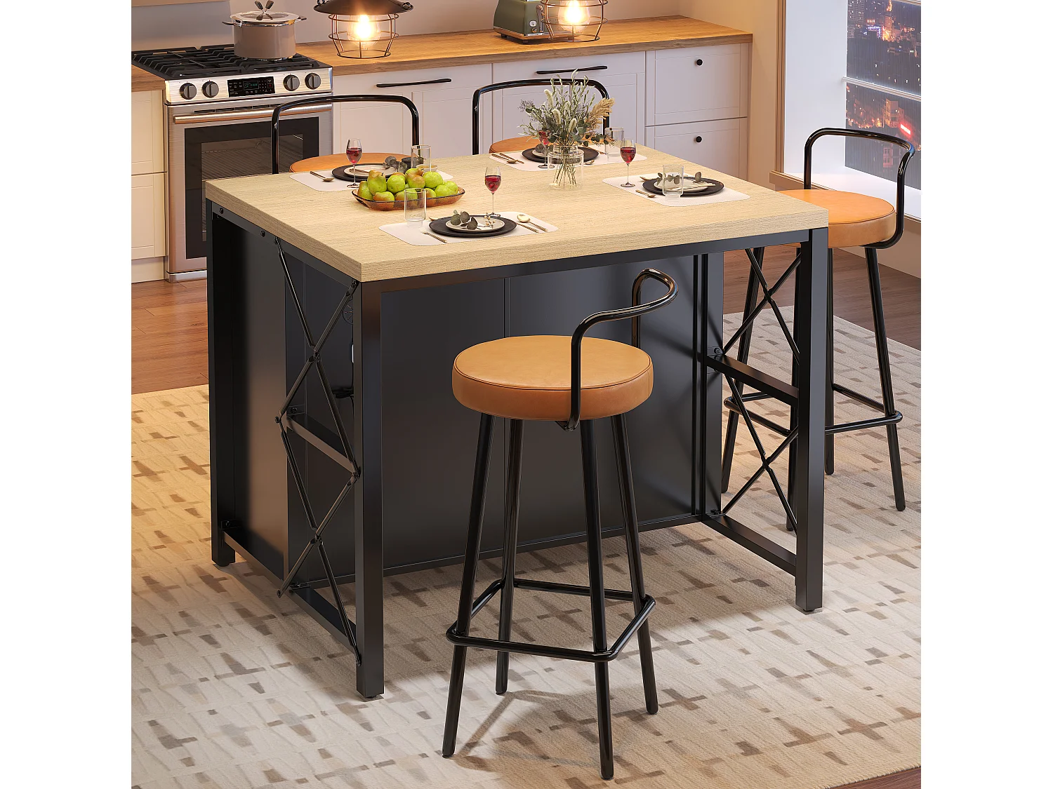 Îlot de Cuisine avec LED, Table de Bar Noire avec Plateau Effet Bois,avec Porte en Verre, 2 Tiroirs - Noir