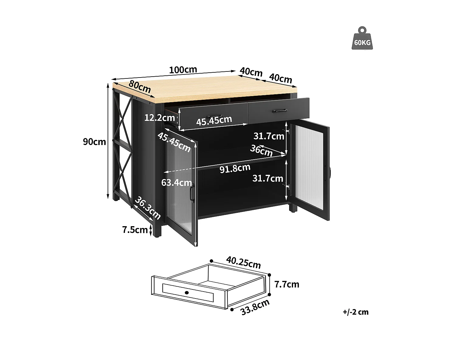 Îlot de Cuisine avec LED, Table de Bar Noire avec Plateau Effet Bois,avec Porte en Verre, 2 Tiroirs - Noir
