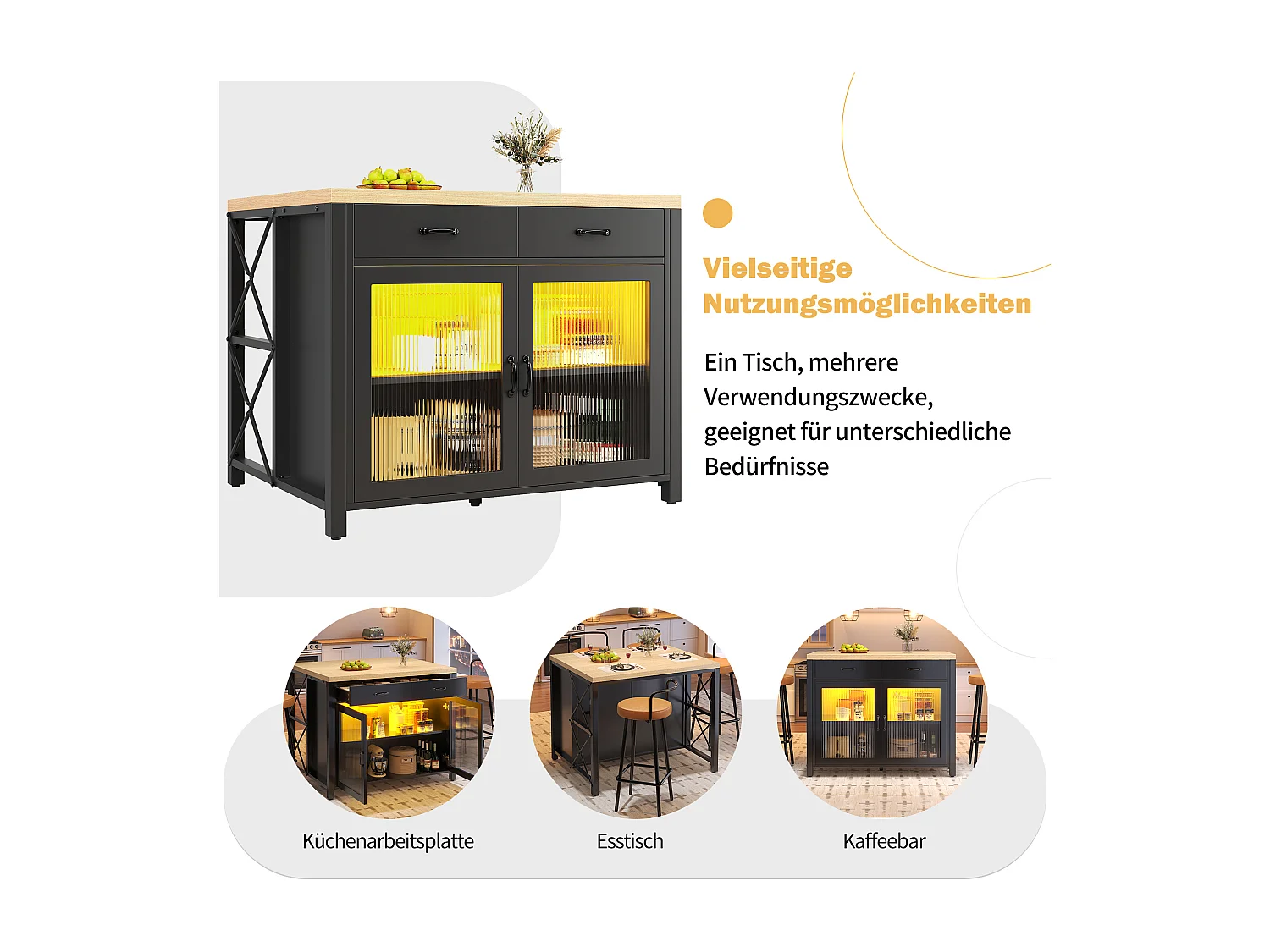 Îlot de Cuisine avec LED, Table de Bar Noire avec Plateau Effet Bois,avec Porte en Verre, 2 Tiroirs - Noir