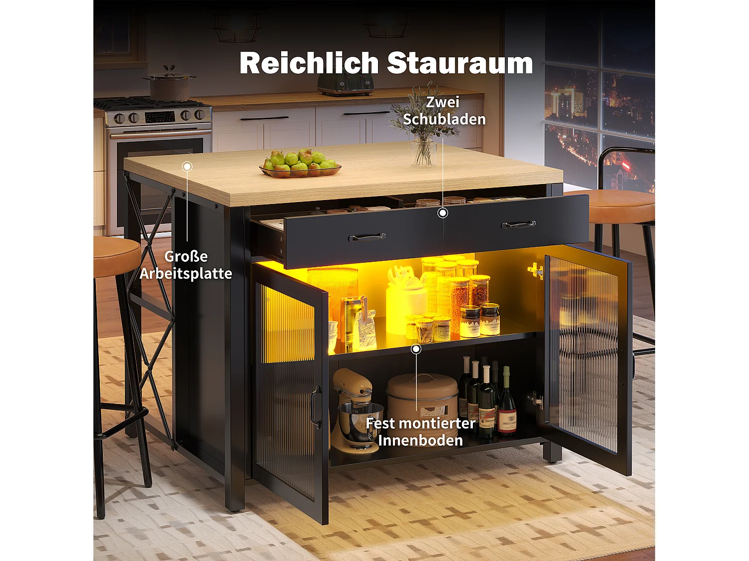 Îlot de Cuisine avec LED, Table de Bar Noire avec Plateau Effet Bois,avec Porte en Verre, 2 Tiroirs - Noir